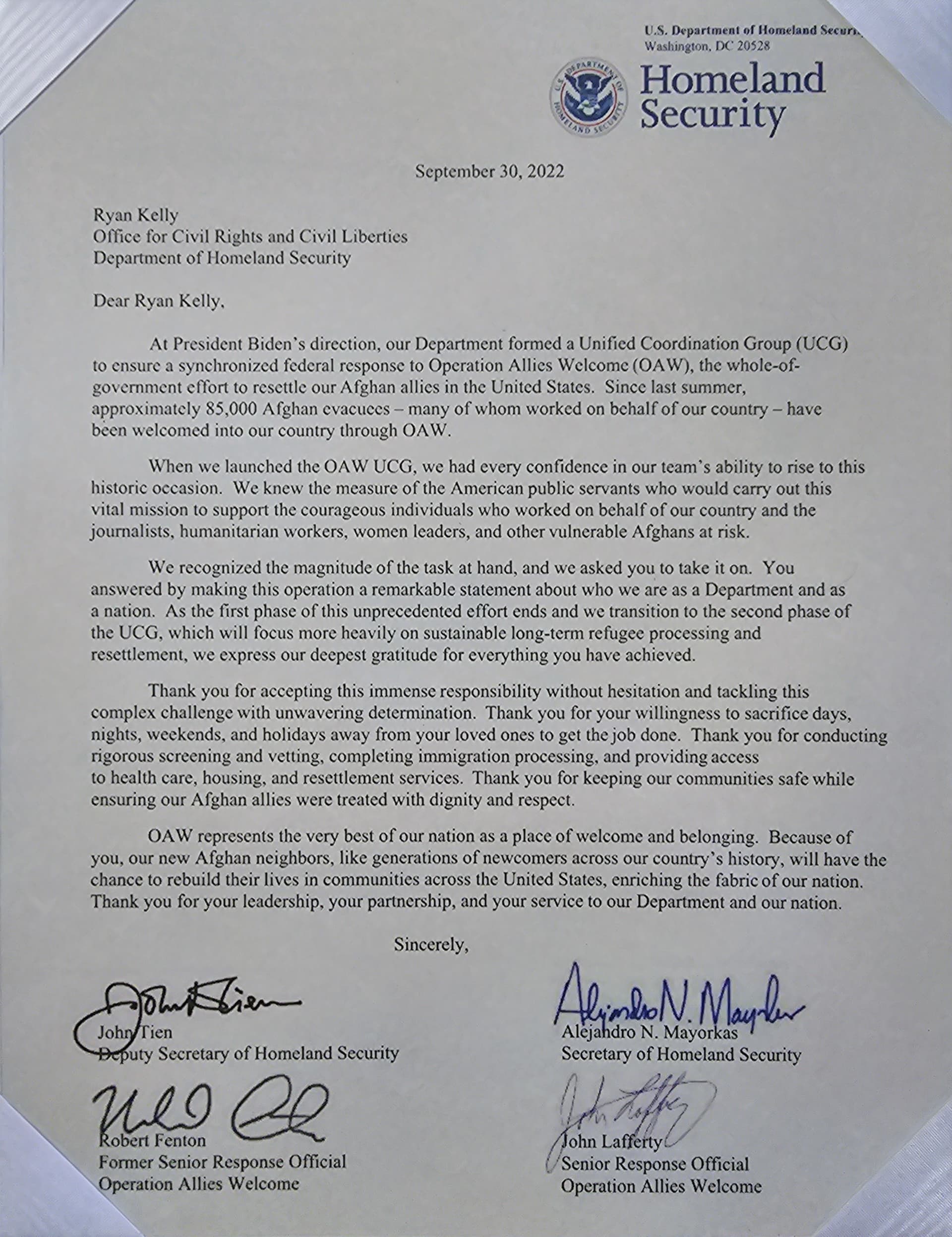 Operation Allies Welcome commendation letter