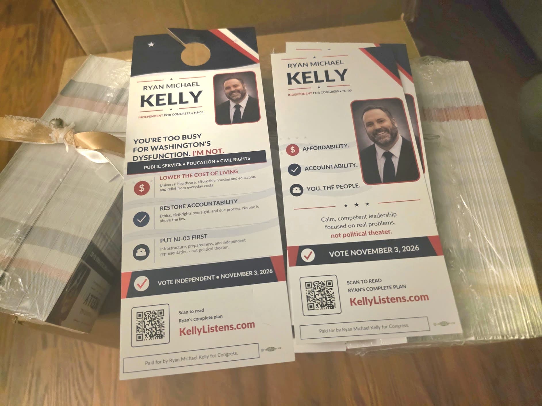 Union-printed Ryan Michael Kelly for Congress door hanger and palm card campaign literature.