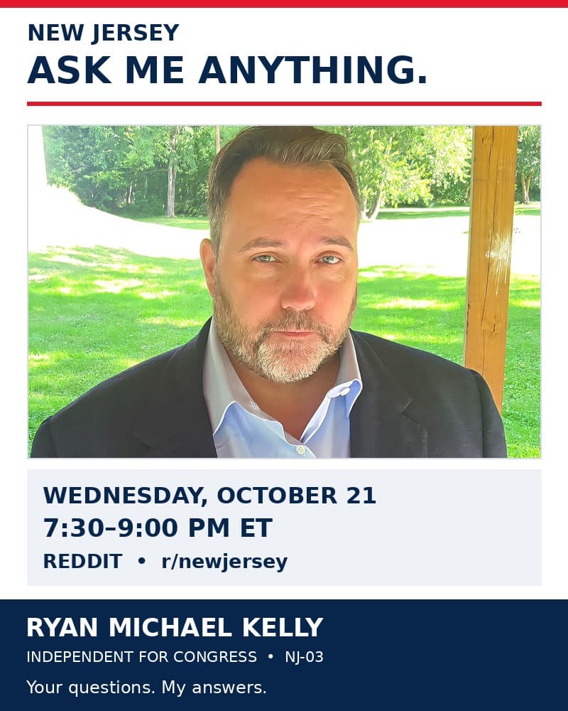Anuncio en inglés de la sesión de preguntas y respuestas de Ryan Michael Kelly en Reddit el 21 de octubre de 2026, a las 7:30 p. m., con una fotografía real de campaña.