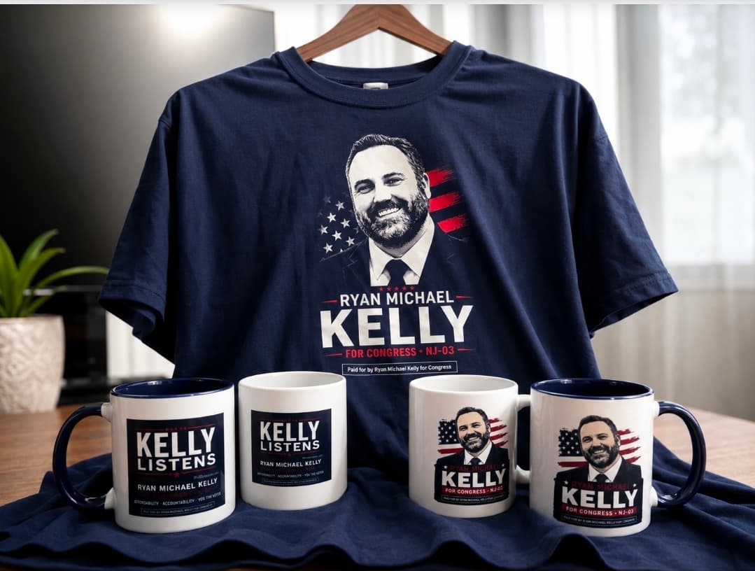 Kelly for NJ-03 campaign shirt and campaign mugs.