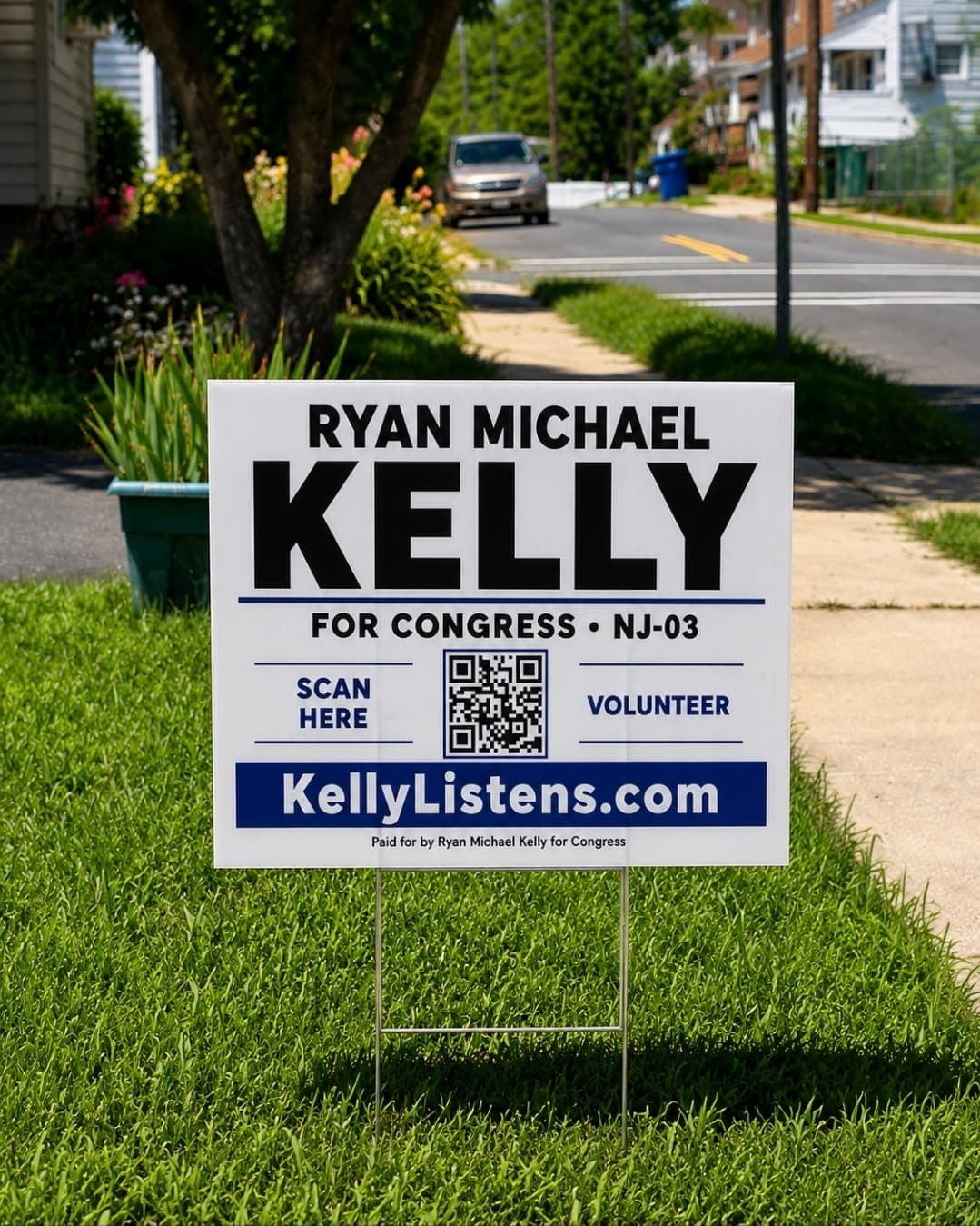 Ryan Michael Kelly for Congress yard sign displayed in a New Jersey neighborhood.