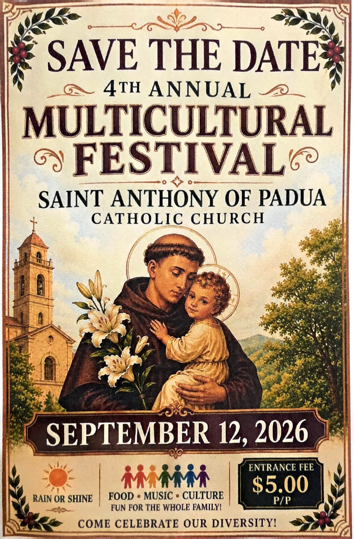 Flyer for the fourth annual Multicultural Festival at St. Anthony of Padua Catholic Church in Hightstown on September 12, 2026